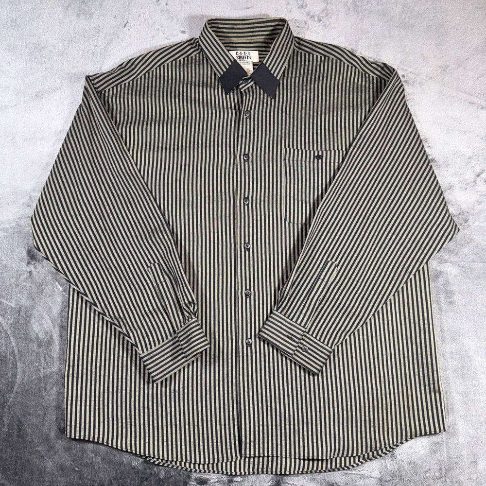 City Streets Mens XL Button Up Shirt Black Tan Striped Long Sleeve Contrast
